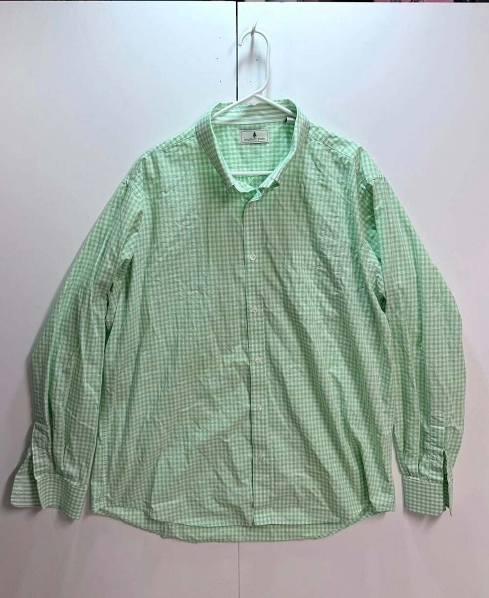 Southern Pines Men's Long Sleeve Green Gingham Cotton Button Up Shirt